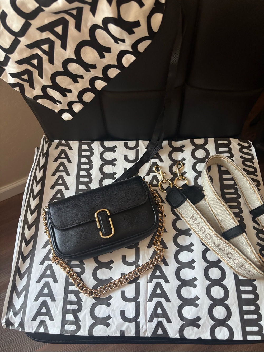 Marc Jacobs MINI Black Leather Crossbody with Gold Hardware and Detachable Strap